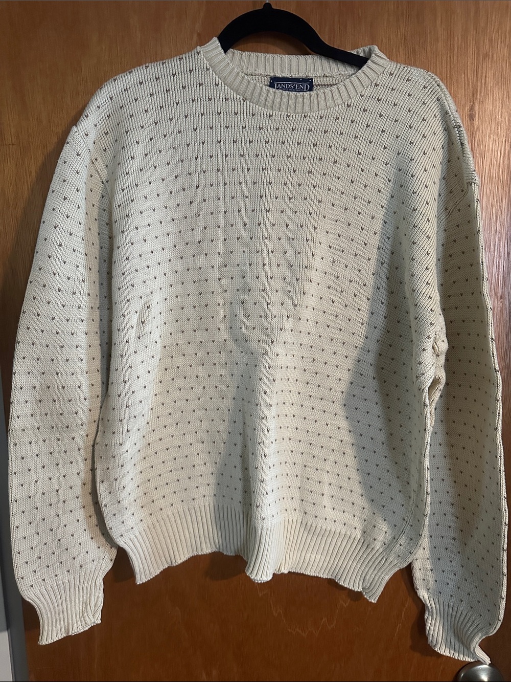 Lands' End Cream Crewneck Sweater with Tiny Brown Dot Pattern